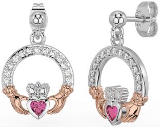 Diamond Pink Tourmaline White Rose Gold Claddagh Dangle Earrings