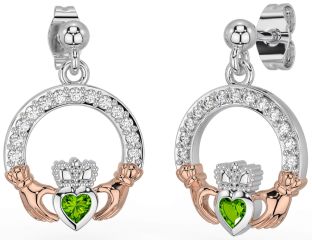 Diamond Peridot White Rose Gold Claddagh Dangle Earrings