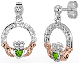 Diamond Peridot White Rose Gold Claddagh Dangle Earrings