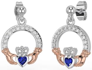 Diamond Sapphire White Rose Gold Claddagh Dangle Earrings
