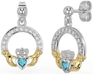Diamond Aquamarine White Yellow Gold Claddagh Dangle Earrings