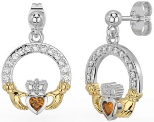 Diamond Citrine White Yellow Gold Claddagh Dangle Earrings