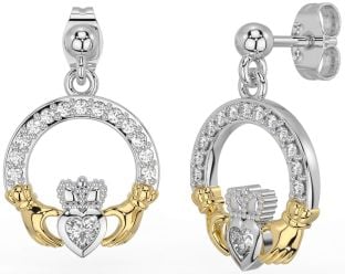 Diamond White Yellow Gold Claddagh Dangle Earrings