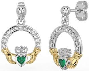 Diamond Emerald White Yellow Gold Claddagh Dangle Earrings
