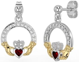 Diamond Garnet White Yellow Gold Claddagh Dangle Earrings