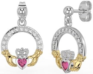 Diamond Pink Tourmaline White Yellow Gold Claddagh Dangle Earrings