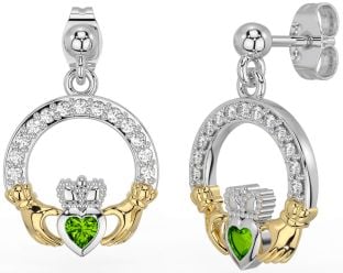 Diamond Peridot White Yellow Gold Claddagh Dangle Earrings