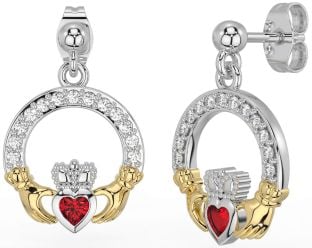 Diamond Ruby White Yellow Gold Claddagh Dangle Earrings