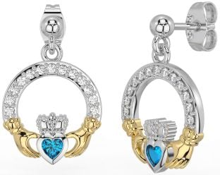 Diamond Topaz White Yellow Gold Claddagh Dangle Earrings