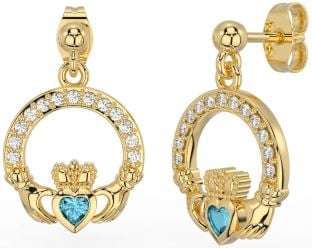 Diamond Aquamarine Gold Claddagh Dangle Earrings