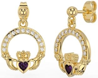 Diamond Alexandrite Gold Claddagh Dangle Earrings