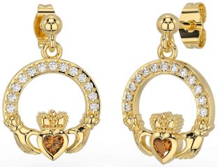 Diamond Citrine Gold Claddagh Dangle Earrings