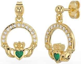 Diamond Emerald Gold Claddagh Dangle Earrings