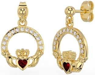 Diamond Garnet Gold Claddagh Dangle Earrings