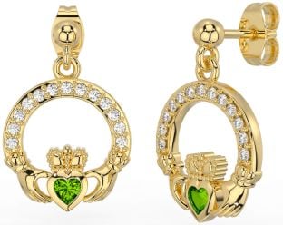 Diamond Peridot Gold Claddagh Dangle Earrings
