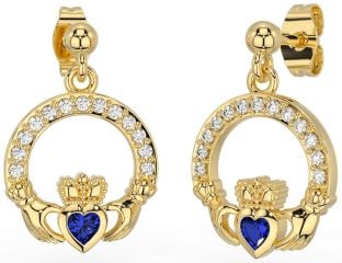 Diamond Sapphire Gold Claddagh Dangle Earrings
