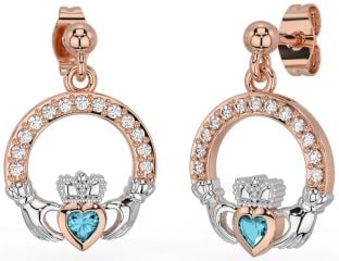 Diamond Aquamarine Rose Gold Silver Claddagh Dangle Earrings