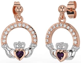 Diamond Alexandrite Rose Gold Silver Claddagh Dangle Earrings