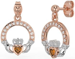 Diamond Citrine Rose Gold Silver Claddagh Dangle Earrings