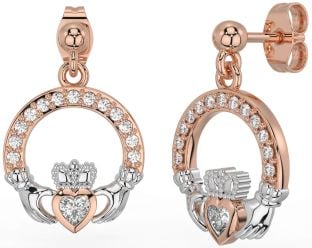 Diamond Rose Gold Silver Claddagh Dangle Earrings