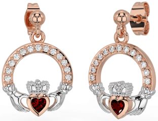 Diamond Garnet Rose Gold Silver Claddagh Dangle Earrings
