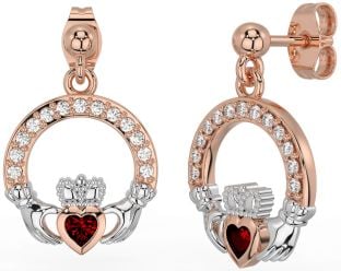 Diamond Garnet Rose Gold Silver Claddagh Dangle Earrings
