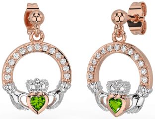 Diamond Peridot Rose Gold Silver Claddagh Dangle Earrings