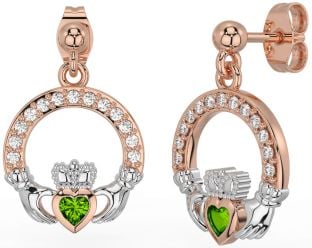 Diamond Peridot Rose Gold Silver Claddagh Dangle Earrings