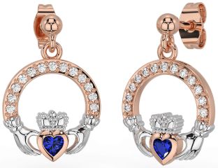 Diamond Ruby Rose Gold Silver Claddagh Dangle Earrings
