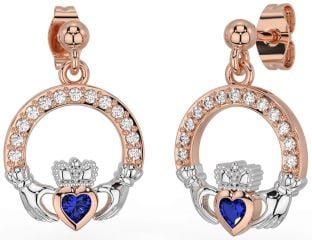 Diamond Sapphire Rose Gold Silver Claddagh Dangle Earrings