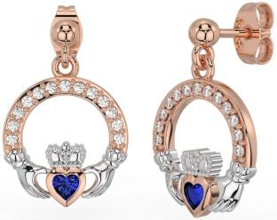Diamond Sapphire Rose Gold Silver Claddagh Dangle Earrings