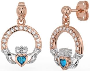 Diamond Topaz Rose Gold Silver Claddagh Dangle Earrings