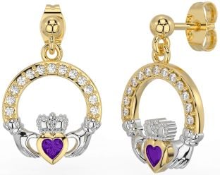 Diamond Amethyst Gold Silver Claddagh Dangle Earrings
