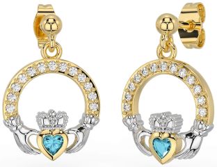 Diamond Aquamarine Gold Silver Claddagh Dangle Earrings
