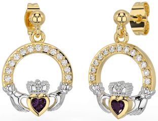 Diamond Alexandrite Gold Silver Claddagh Dangle Earrings
