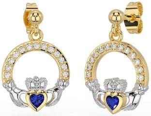 Diamond Sapphire Gold Silver Claddagh Dangle Earrings