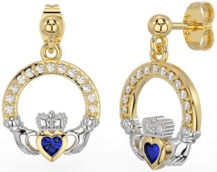 Diamond Sapphire Gold Silver Claddagh Dangle Earrings