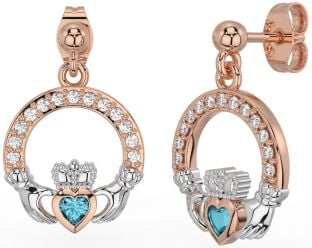 Diamond Aquamarine White Rose Gold Claddagh Dangle Earrings
