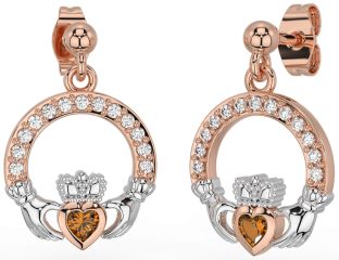 Diamond Citrine White Rose Gold Claddagh Dangle Earrings