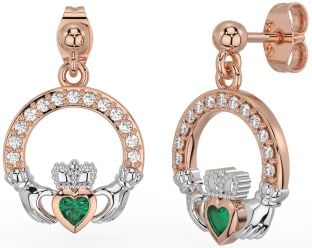 Diamond Emerald White Rose Gold Claddagh Dangle Earrings