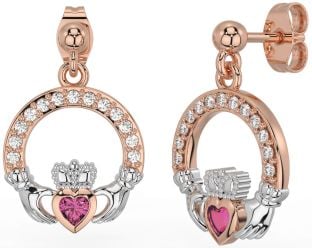 Diamond Pink Tourmaline White Rose Gold Claddagh Dangle Earrings