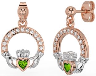 Diamond Peridot White Rose Gold Claddagh Dangle Earrings