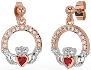 Diamond Ruby White Rose Gold Claddagh Dangle Earrings