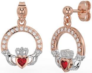 Diamond Ruby White Rose Gold Claddagh Dangle Earrings