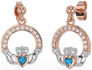 Diamond Topaz White Rose Gold Claddagh Dangle Earrings