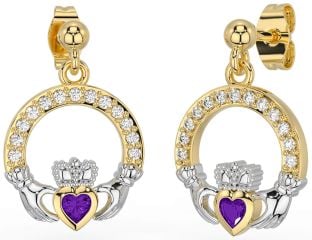 Diamond Amethyst White Yellow Gold Claddagh Dangle Earrings
