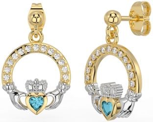 Diamond Aquamarine White Yellow Gold Claddagh Dangle Earrings