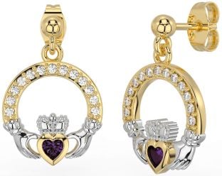 Diamond Alexandrite White Yellow Gold Claddagh Dangle Earrings