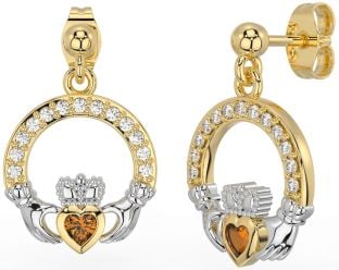 Diamond Citrine White Yellow Gold Claddagh Dangle Earrings