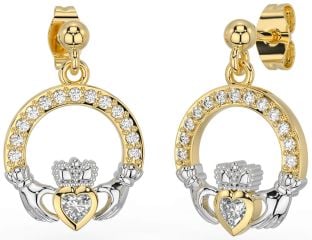 Diamond White Yellow Gold Claddagh Dangle Earrings